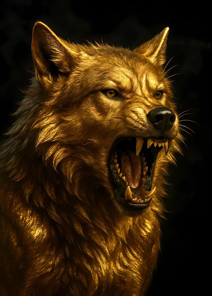 Golden Wolf Snarling Portrait