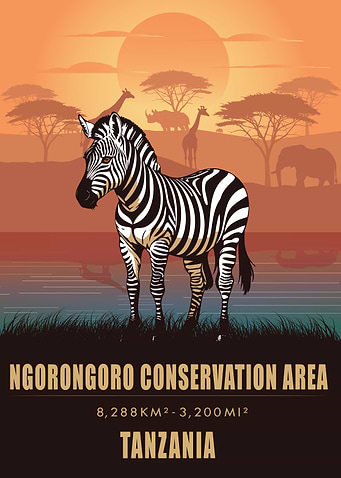 Vintage Ngorongoro National Park Poster , Tanzania , Safari Wildlife