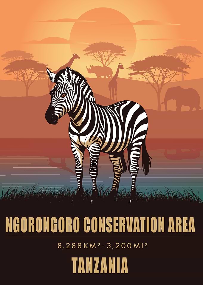 Vintage Ngorongoro National Park Poster , Tanzania , Safari Wildlife