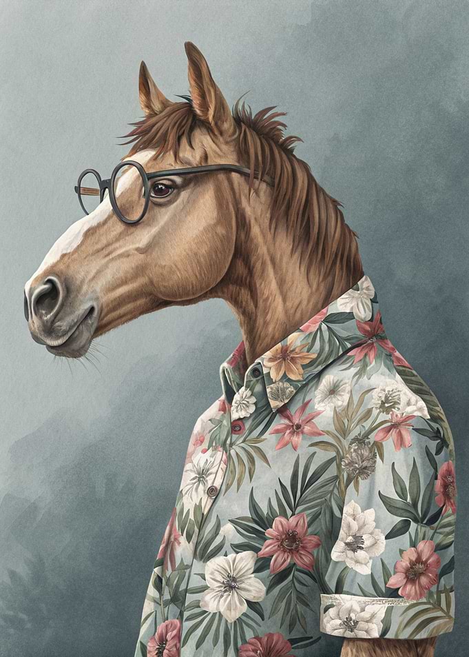Horse in Hawaiian Shirt and Glasses
