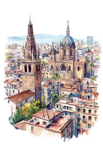 Watercolor Cityscape Barcelona