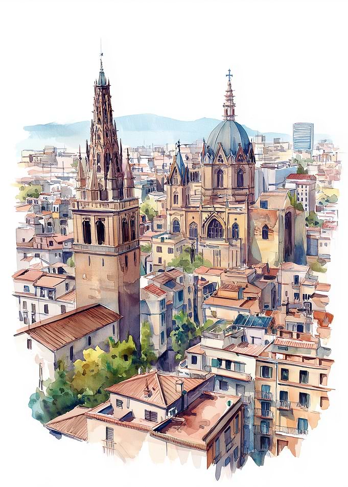 Watercolor Cityscape Barcelona