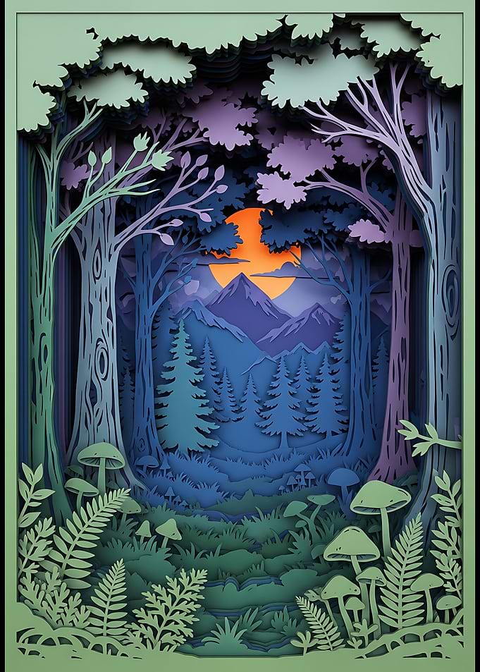 Layered Forest Scene with Sunset