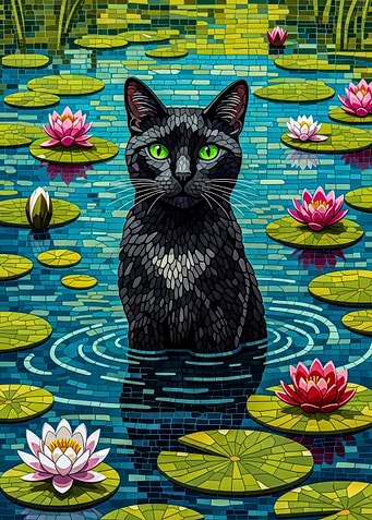 Black Cat in Lily Pond Mosaic