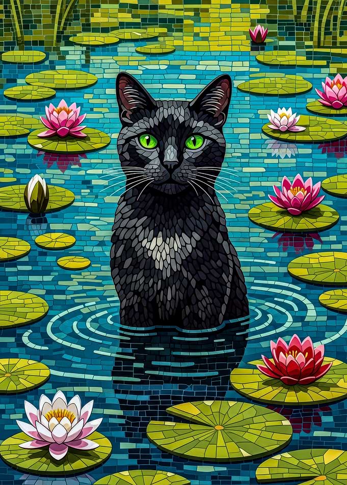 Black Cat in Lily Pond Mosaic