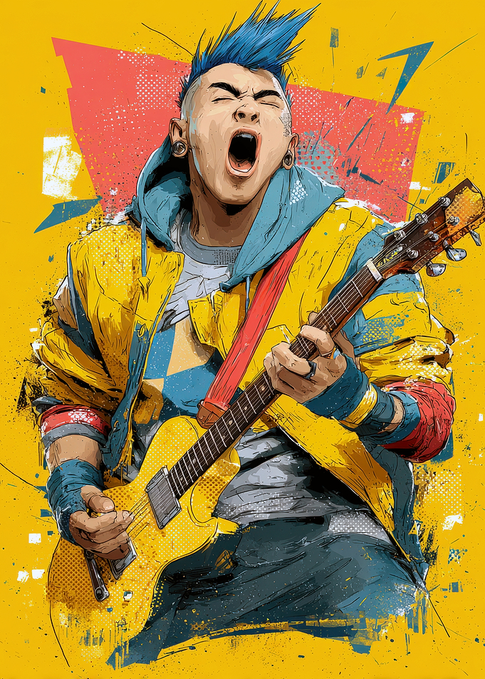 Passionate Guitarist with Blue Mohawk