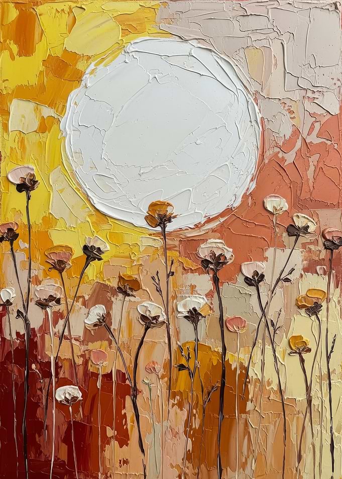 Textured Floral Painting with White Circle