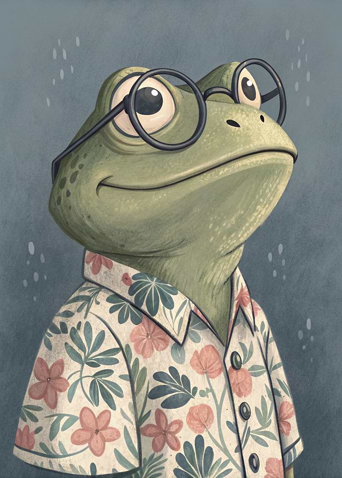 Frog with Glasses and Floral Shirt