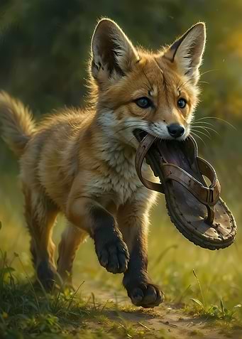 Fox Kit Carrying Found Shoe in Golden Light