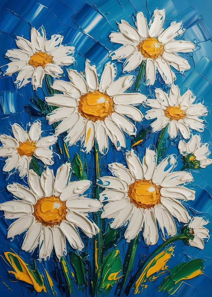 Daisy Flowers Oil Painting on Blue