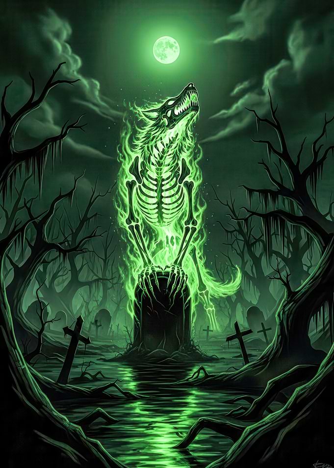 Eerie Green Spectral Wolf Howling at Moon