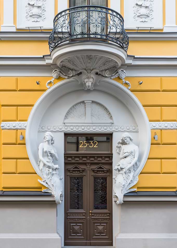 Art Nouveau Building Facade with Balcony. Vīlandes 11, Riga, Latvia.