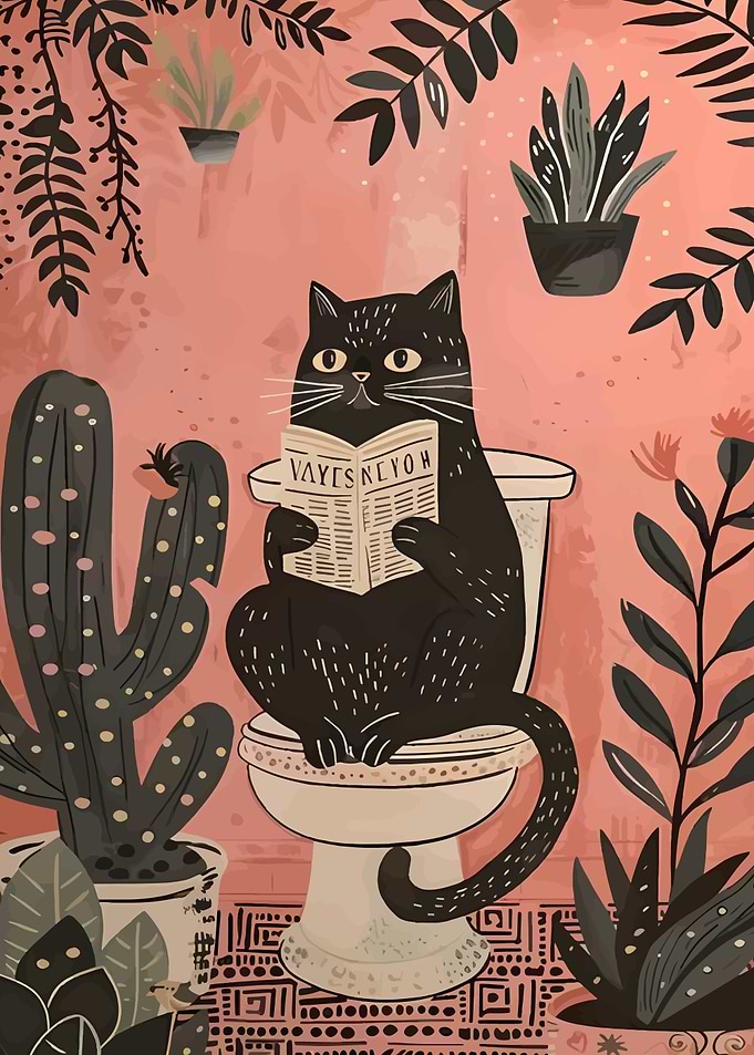 Cat Reading Newspaper on Toilet