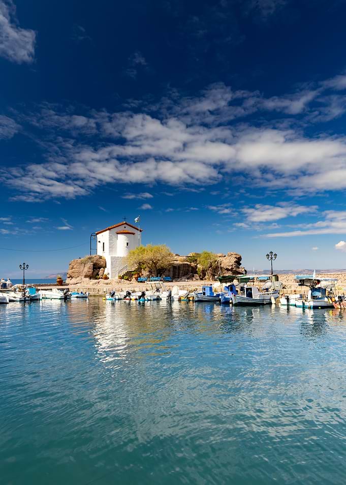 Picturesque Harbor with White Church, Lesbos