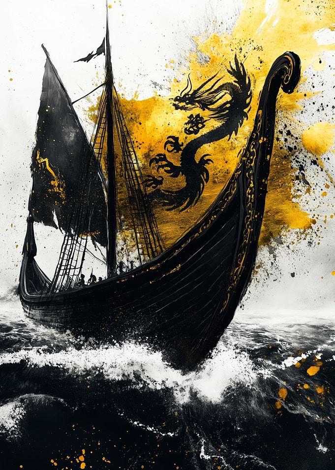Dragon Ship Sailing on Stormy Seas