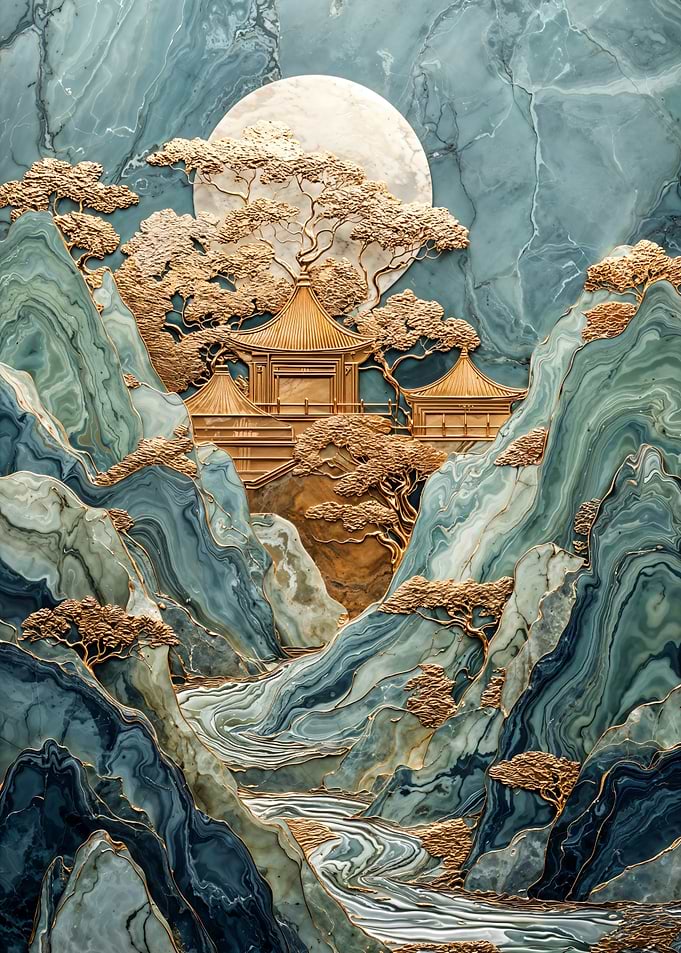 Asian Landscape with Temple and Moon