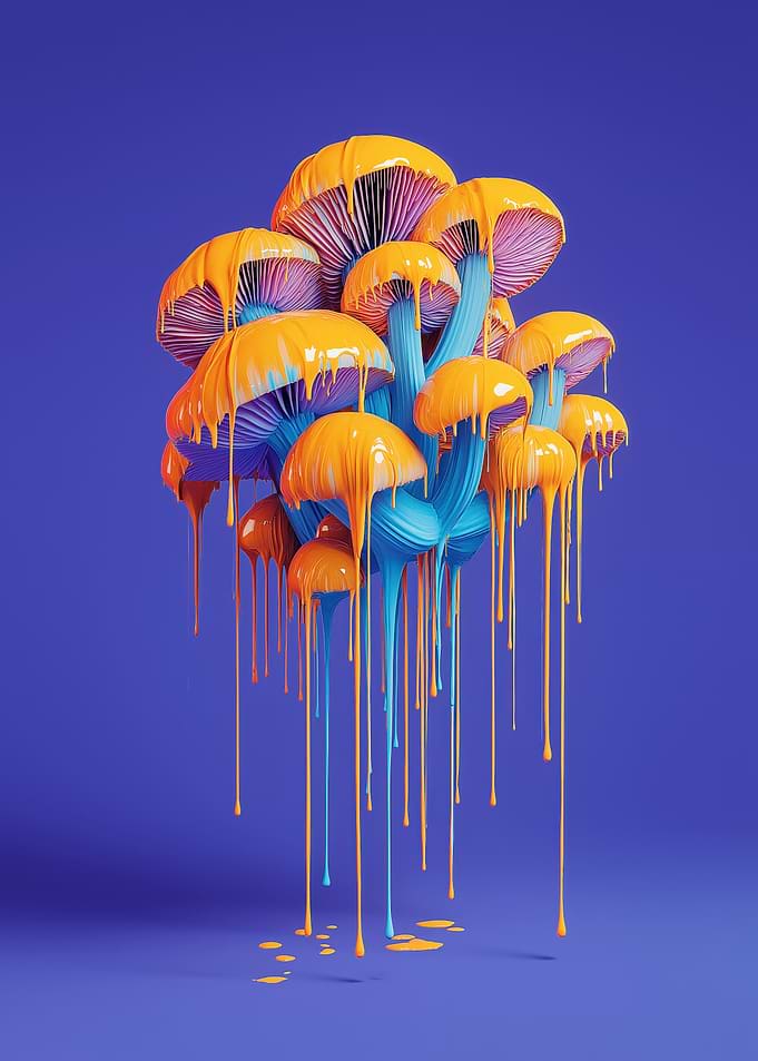 Surreal Dripping Mushrooms on Blue Background