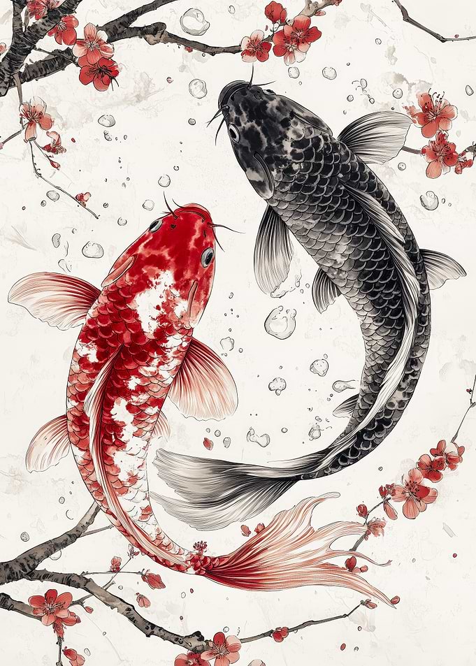 Koi Fish and Cherry Blossoms Art