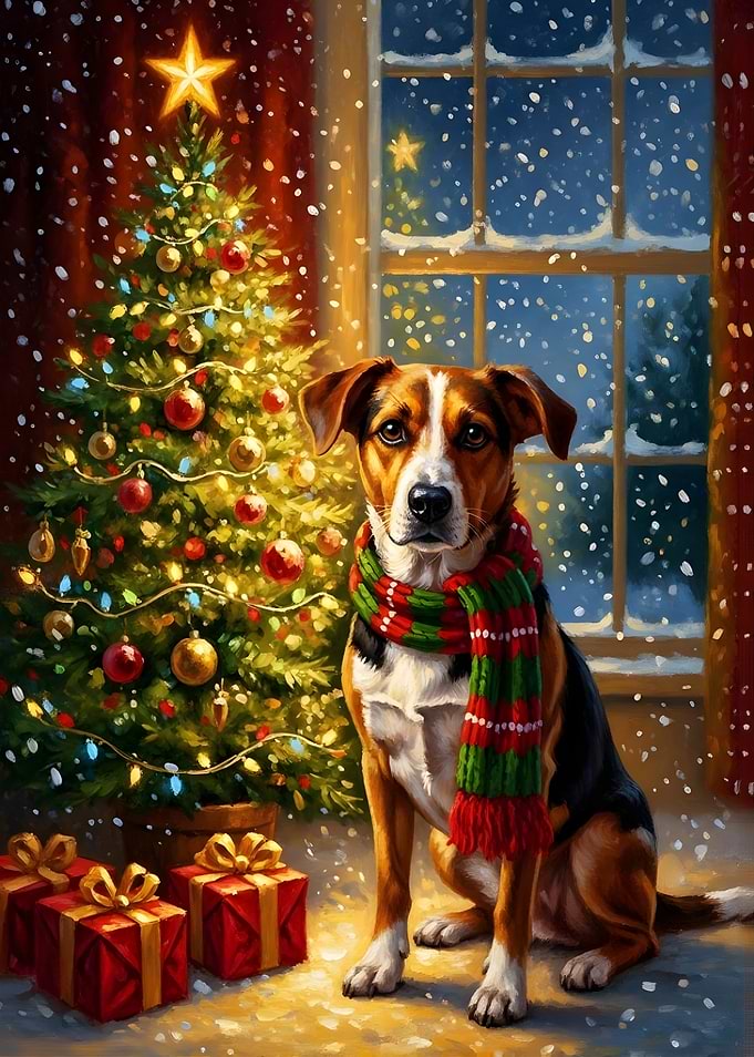 Christmas Dog with Scarf and Gifts