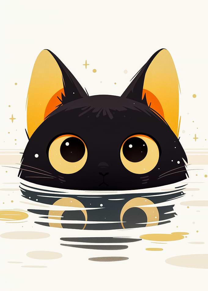 Cartoon Black Cat in Water