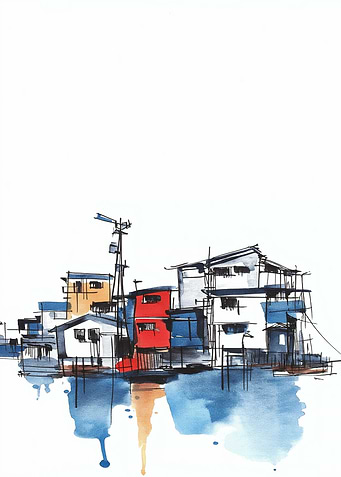 Watercolor Houses on Water