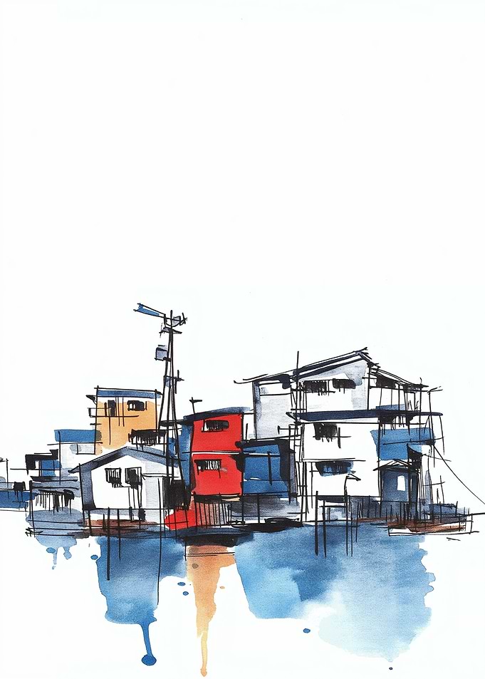 Watercolor Houses on Water