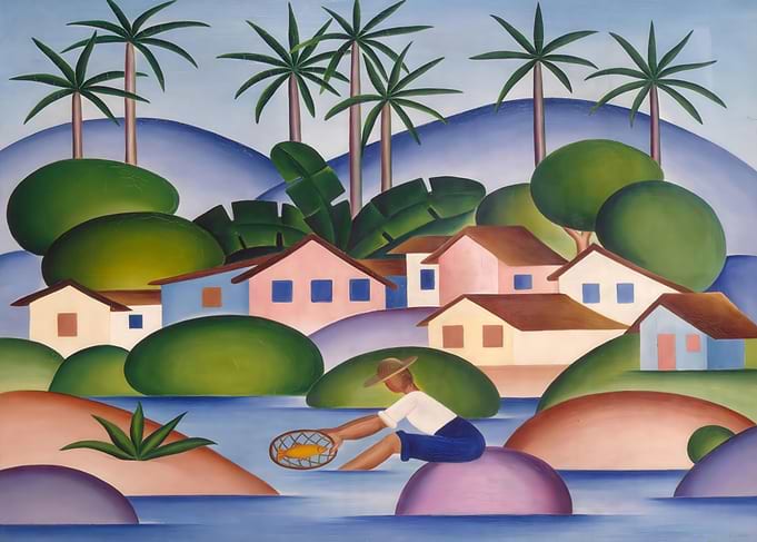 Brazilian Landscape with Fisherman and Village, tarsila do amaral artwork