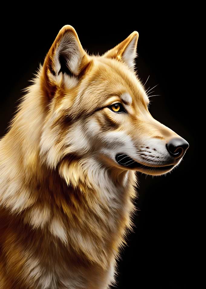 Golden Wolf Portrait on Black Background