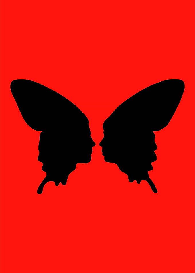 Butterfly Faces Silhouette on Red