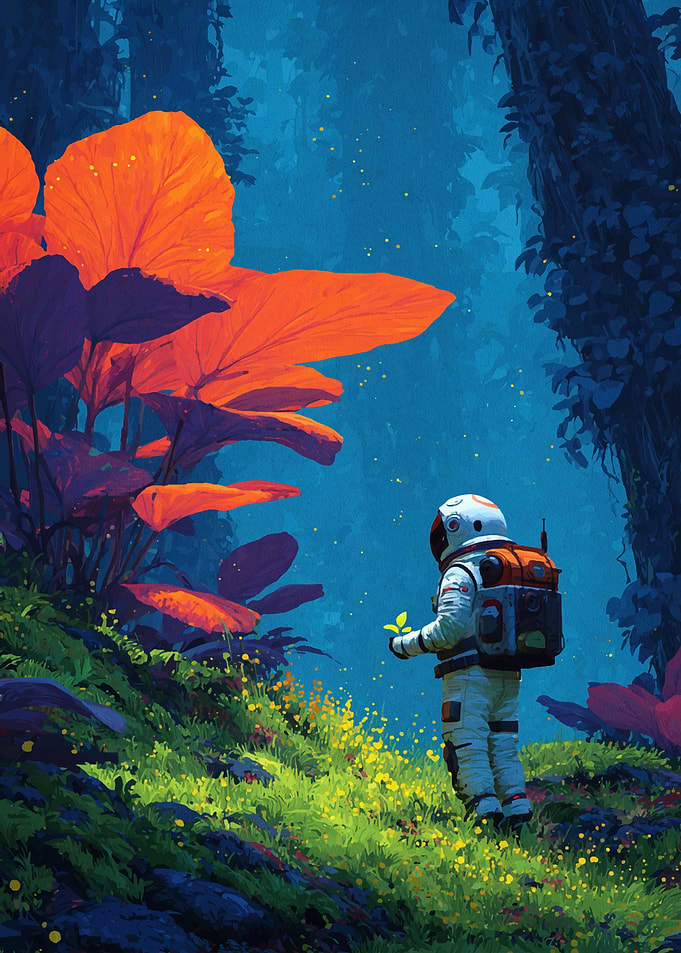 Astronaut and Sprout in Alien Forest
