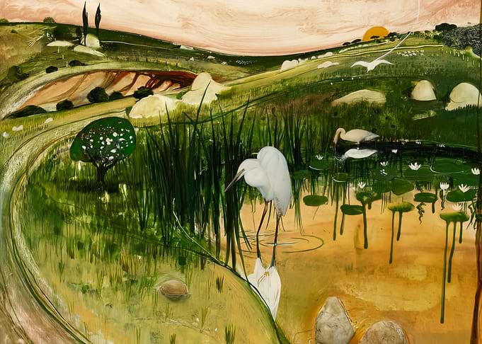 Egrets in a Wetland Landscape Painting