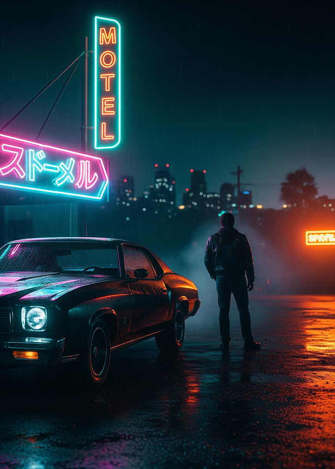 Cyberpunk Car Drive and Motel at Night
