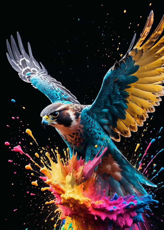 Blue Paint Splash Falcon in Flight
