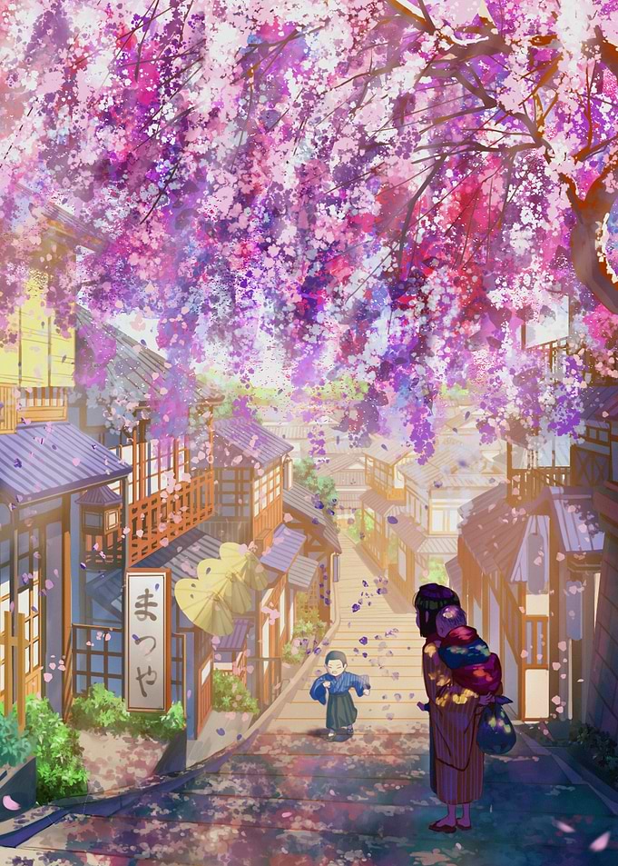 Cherry Blossom Street Scene in Japan