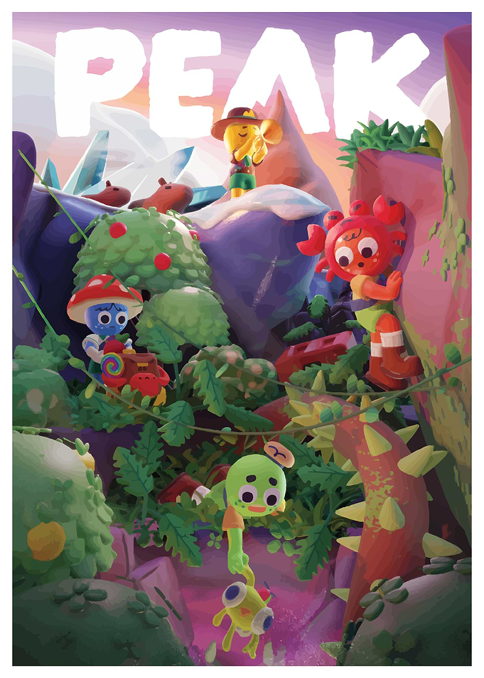 Colorful Cartoon Characters Climbing a Mountain
