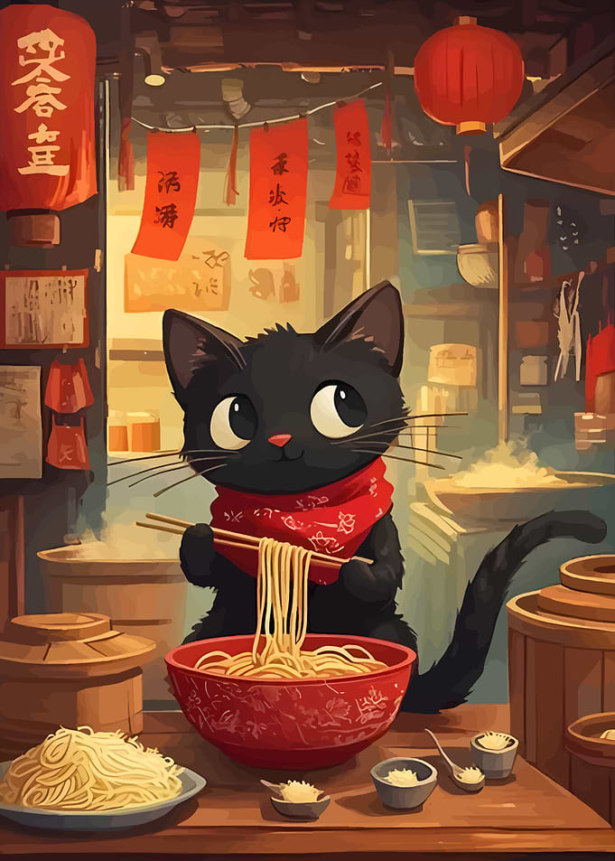 Cat eating noodles in Asian restaurant