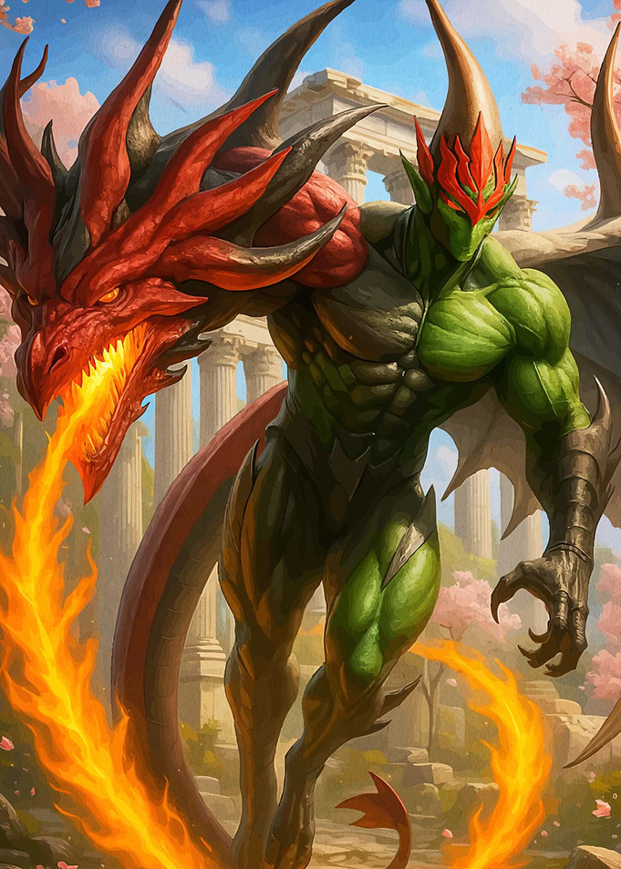 Dragon and Green-Skinned Warrior