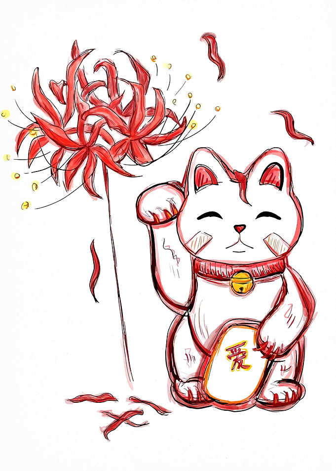Maneki Neko with Red Spider Lily