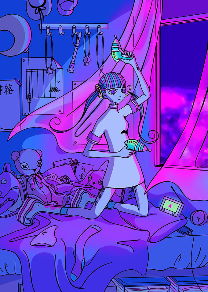 Girl with Toy Guns in Bedroom