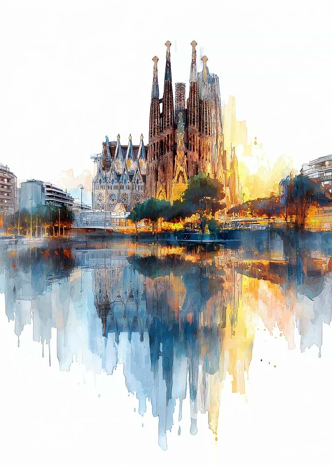Sagrada Familia Watercolor Reflection