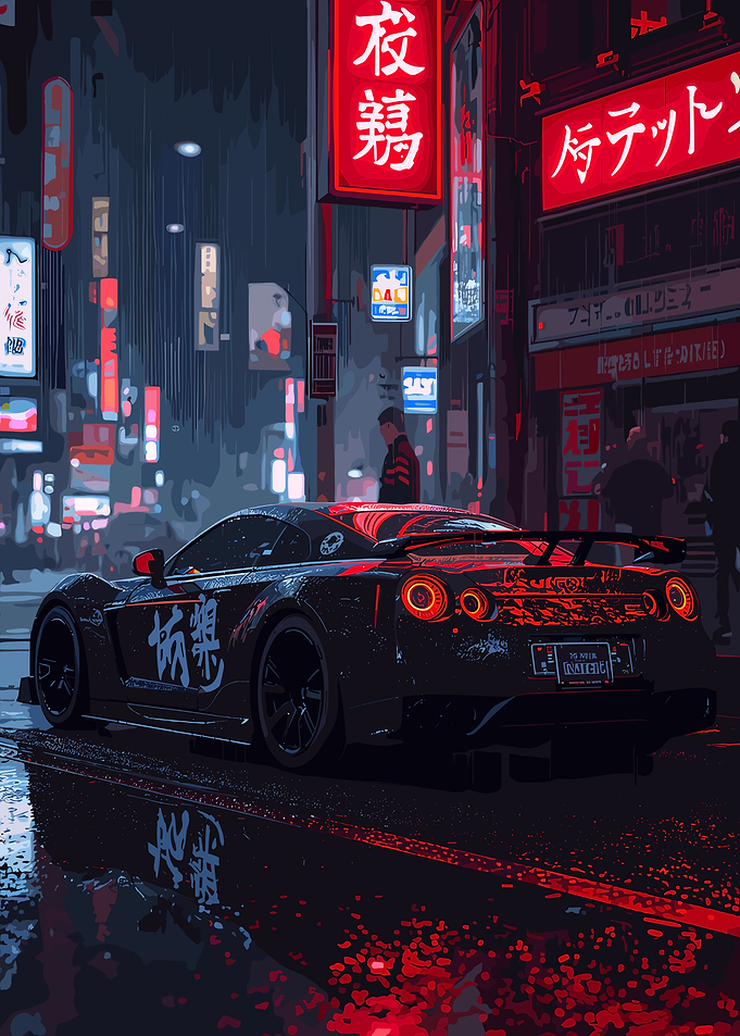 Cyberpunk Car in Rainy Cityscape