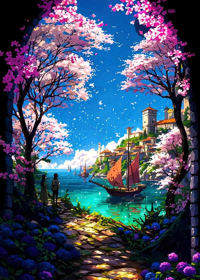 Coastal Town with Cherry Blossoms