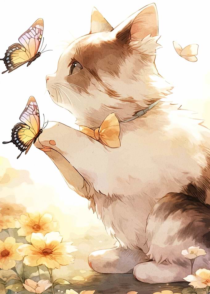 Cute Cat with Butterflies Illustration