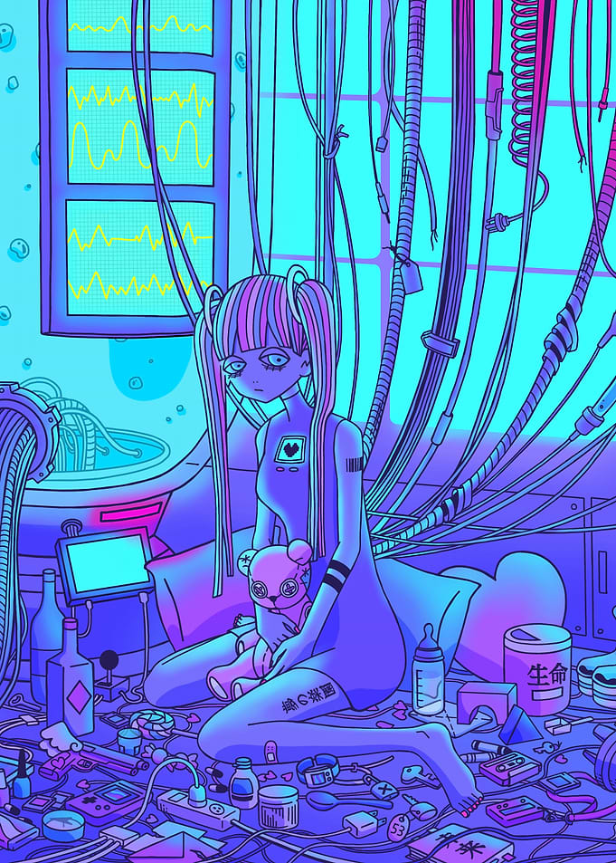Cyberpunk Girl with Teddy Bear
