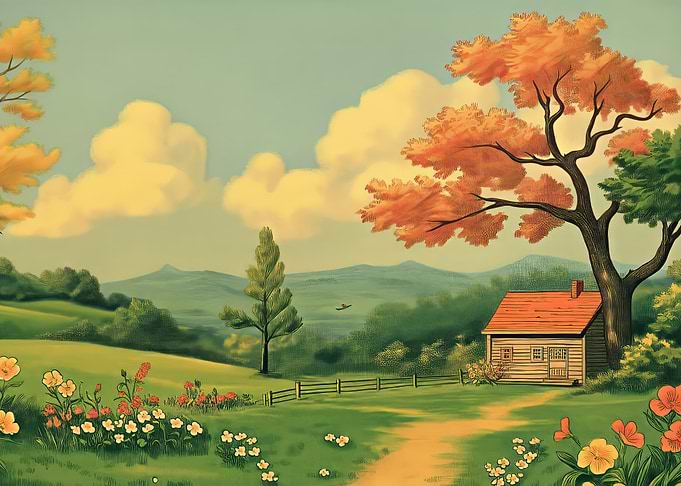 Autumn Landscape with Cottage and Flowers