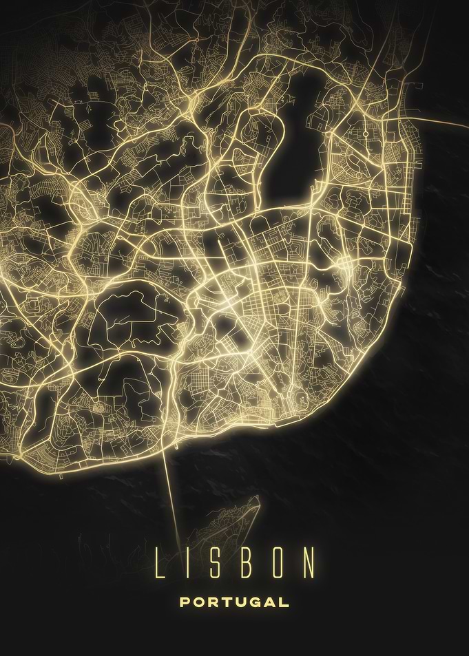 Lisbon, Portugal - Illuminated City Map Poster, Modern Urban Nightscape