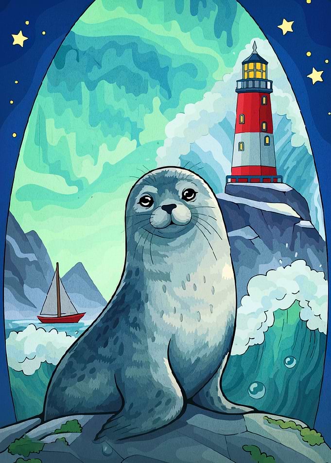 Seal and Lighthouse Cartoon Illustration
