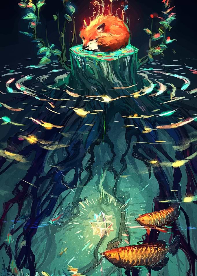 Sleeping Fox on Tree Stump Illustration
