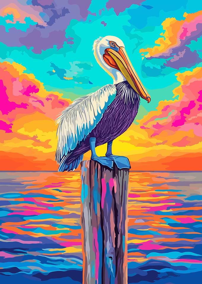 Colorful Pelican on Post at Sunset