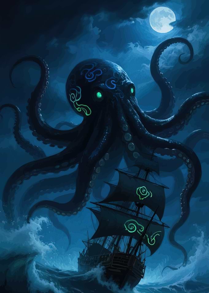 Kraken attacking ship moonlight